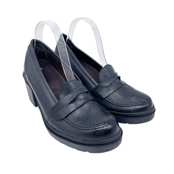 Sandro Moscoloni Woman's Black Leather Block Heel Penny Loafers Size 9M - Picture 1 of 11